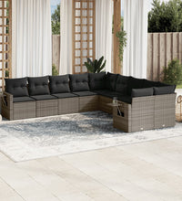 10-tlg. Garten-Sofagarnitur mit Kissen Grau Poly Rattan