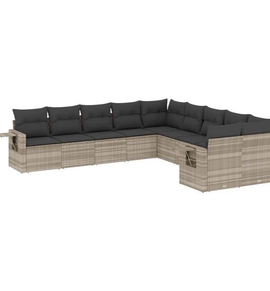 10-tlg. Garten-Sofagarnitur mit Kissen Hellgrau Poly Rattan