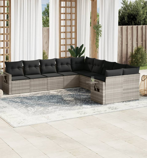 10-tlg. Garten-Sofagarnitur mit Kissen Hellgrau Poly Rattan