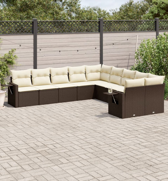 10-tlg. Garten-Sofagarnitur mit Kissen Braun Poly Rattan
