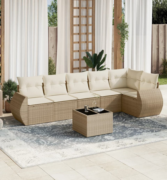 7-tlg. Garten-Sofagarnitur mit Kissen Beige Poly Rattan