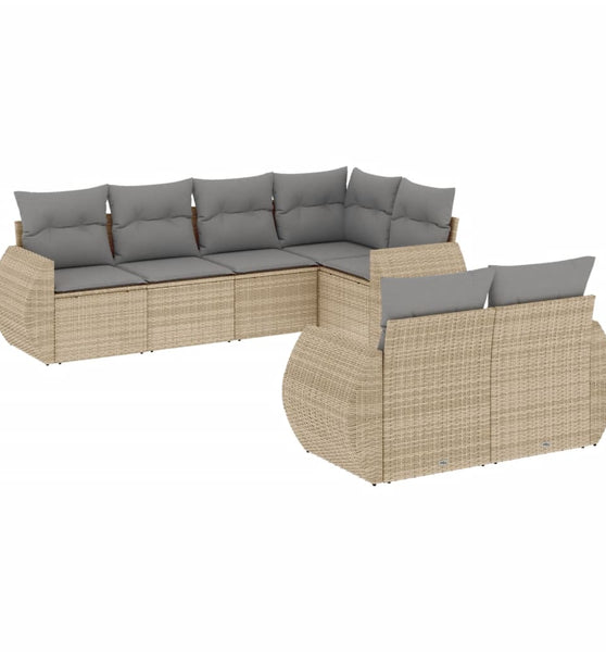 7-tlg. Garten-Sofagarnitur mit Kissen Beige Poly Rattan