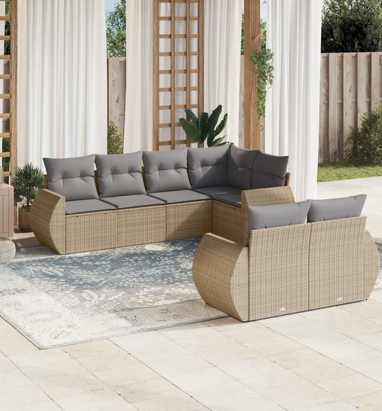 7-tlg. Garten-Sofagarnitur mit Kissen Beige Poly Rattan