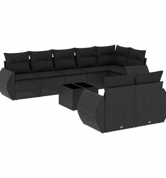 9-tlg. Garten-Sofagarnitur mit Kissen Schwarz Poly Rattan