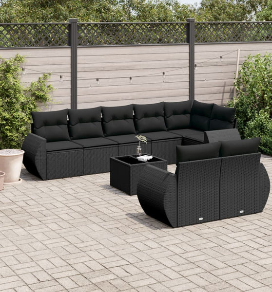 9-tlg. Garten-Sofagarnitur mit Kissen Schwarz Poly Rattan