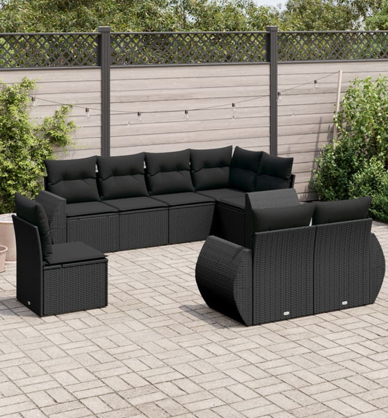 8-tlg. Garten-Sofagarnitur mit Kissen Schwarz Poly Rattan