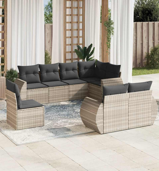 8-tlg. Garten-Sofagarnitur mit Kissen Hellgrau Poly Rattan