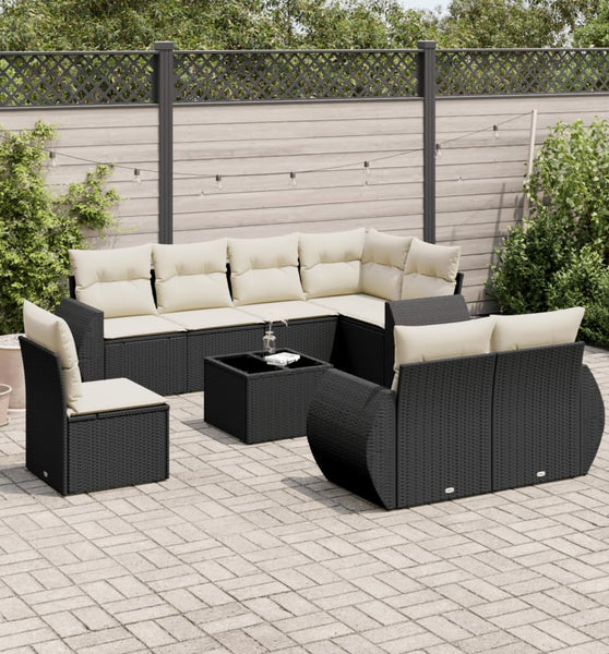 9-tlg. Garten-Sofagarnitur mit Kissen Schwarz Poly Rattan