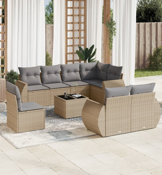 9-tlg. Garten-Sofagarnitur mit Kissen Beige Poly Rattan