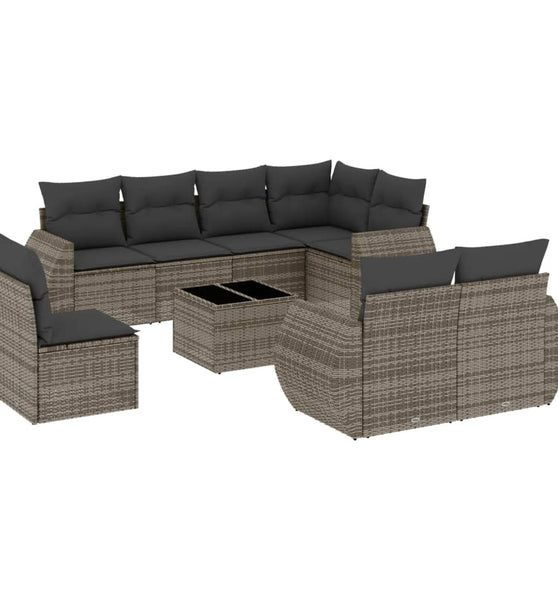 9-tlg. Garten-Sofagarnitur mit Kissen Grau Poly Rattan