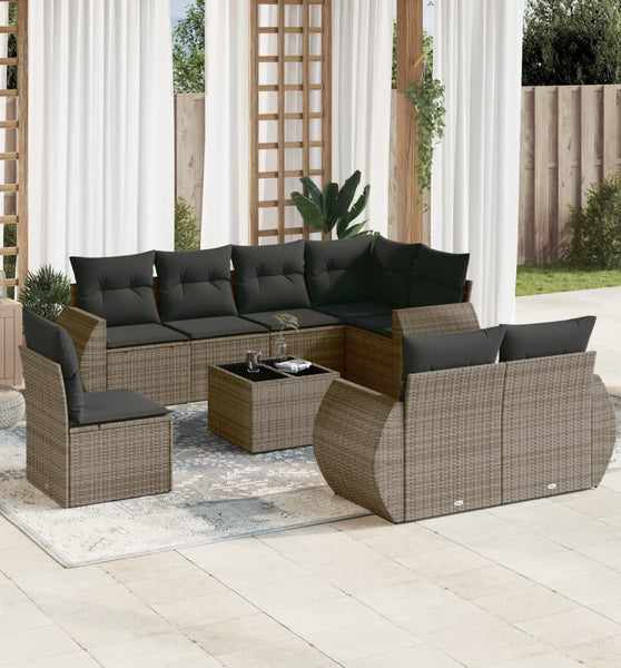 9-tlg. Garten-Sofagarnitur mit Kissen Grau Poly Rattan