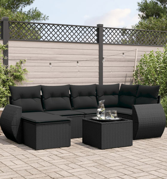 7-tlg. Garten-Sofagarnitur mit Kissen Schwarz Poly Rattan