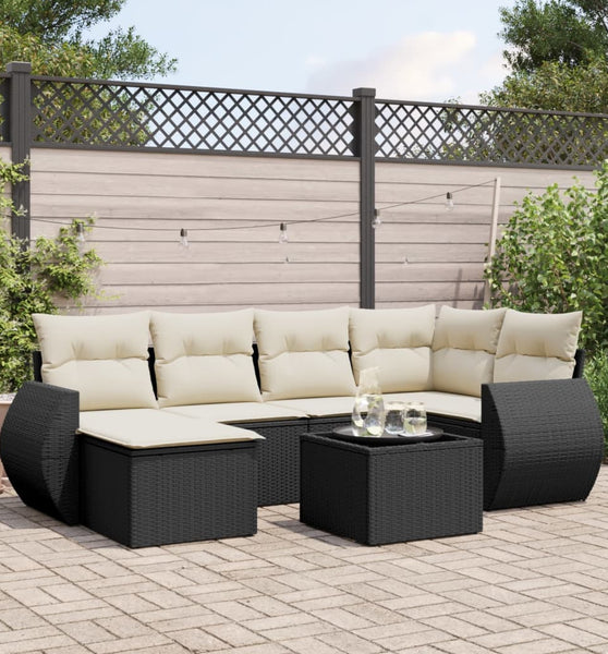 7-tlg. Garten-Sofagarnitur mit Kissen Schwarz Poly Rattan