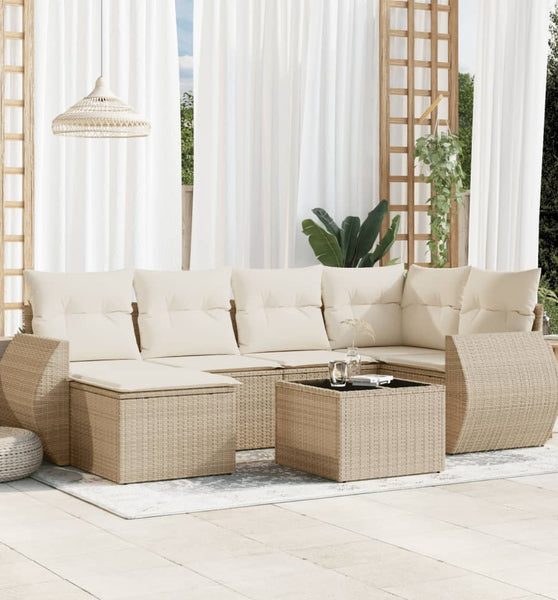 7-tlg. Garten-Sofagarnitur mit Kissen Beige Poly Rattan