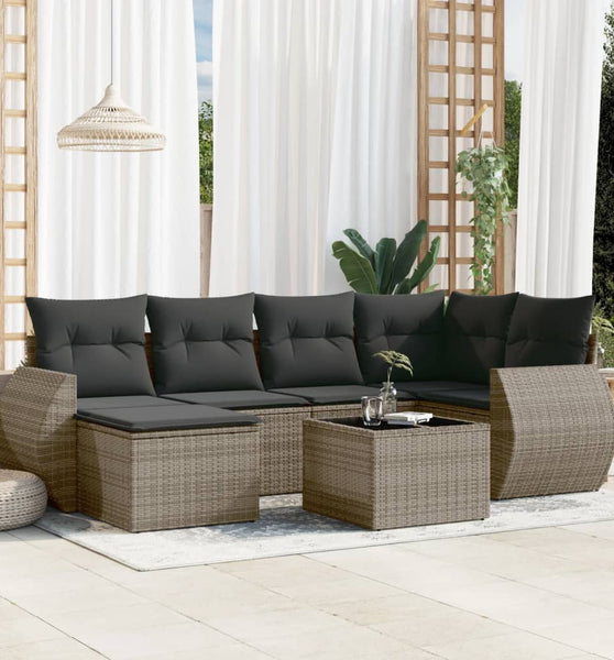 7-tlg. Garten-Sofagarnitur mit Kissen Grau Poly Rattan