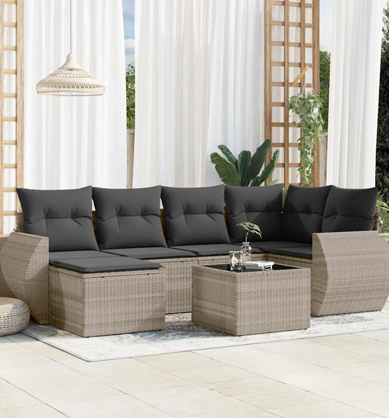 7-tlg. Garten-Sofagarnitur mit Kissen Hellgrau Poly Rattan