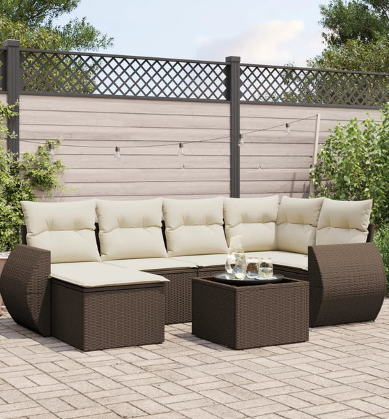 7-tlg. Garten-Sofagarnitur mit Kissen Braun Poly Rattan