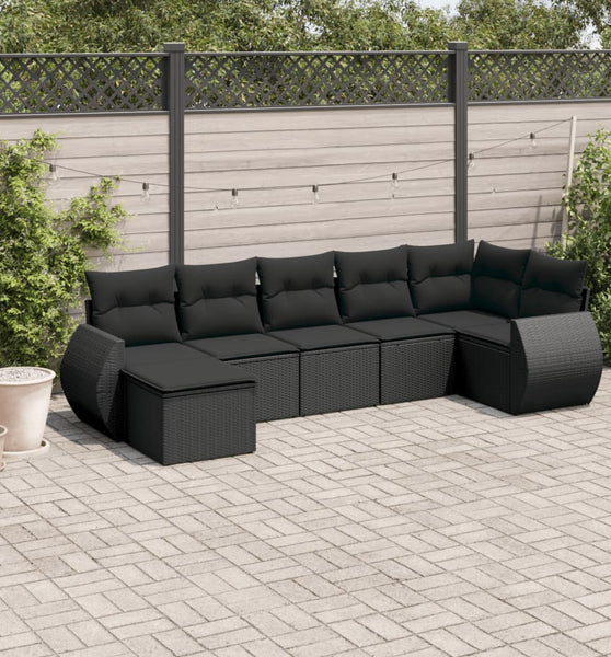 7-tlg. Garten-Sofagarnitur mit Kissen Schwarz Poly Rattan