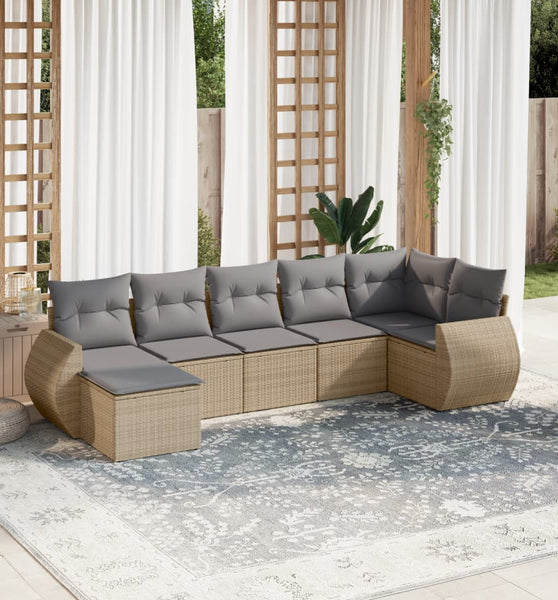 7-tlg. Garten-Sofagarnitur mit Kissen Beige Poly Rattan