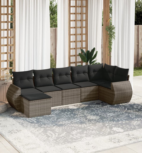 7-tlg. Garten-Sofagarnitur mit Kissen Grau Poly Rattan