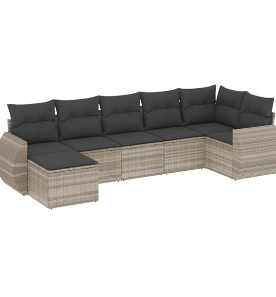 7-tlg. Garten-Sofagarnitur mit Kissen Hellgrau Poly Rattan