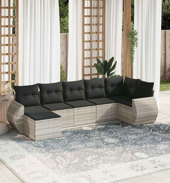 7-tlg. Garten-Sofagarnitur mit Kissen Hellgrau Poly Rattan