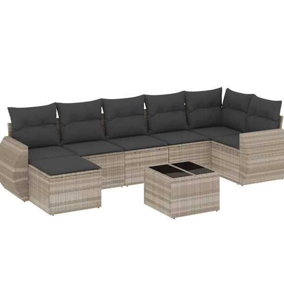 8-tlg. Garten-Sofagarnitur mit Kissen Hellgrau Poly Rattan