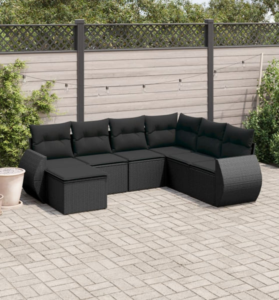 7-tlg. Garten-Sofagarnitur mit Kissen Schwarz Poly Rattan