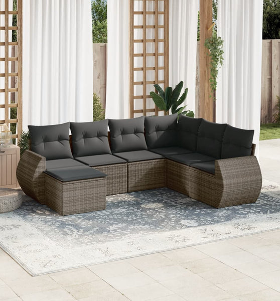 7-tlg. Garten-Sofagarnitur mit Kissen Grau Poly Rattan