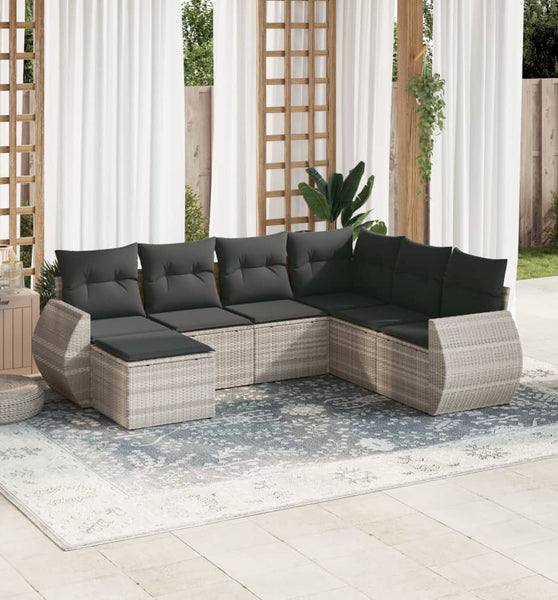 7-tlg. Garten-Sofagarnitur mit Kissen Hellgrau Poly Rattan