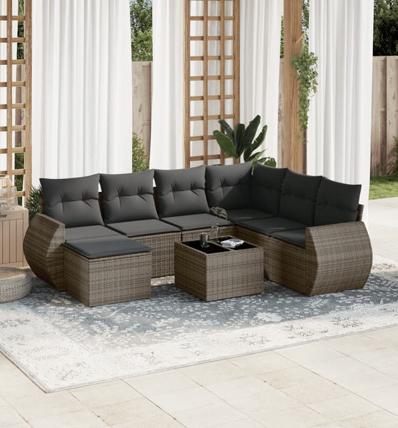 8-tlg. Garten-Sofagarnitur mit Kissen Grau Poly Rattan