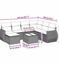 8-tlg. Garten-Sofagarnitur mit Kissen Hellgrau Poly Rattan