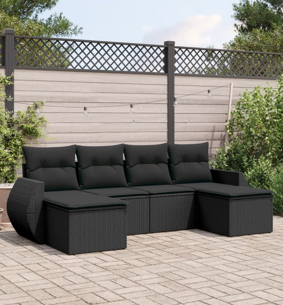 6-tlg. Garten-Sofagarnitur mit Kissen Schwarz Poly Rattan