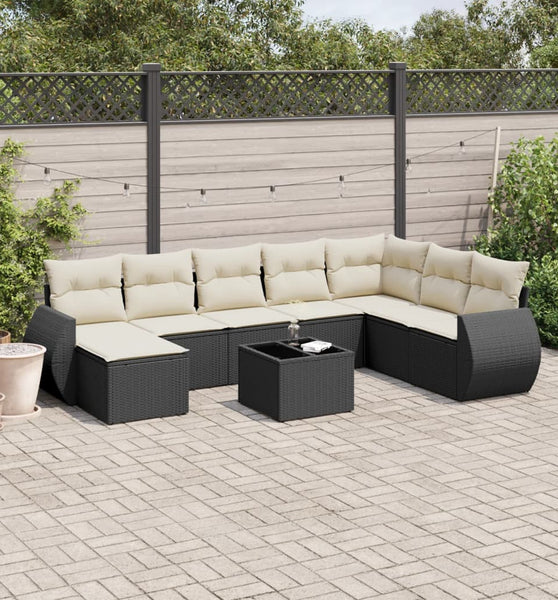 9-tlg. Garten-Sofagarnitur mit Kissen Schwarz Poly Rattan