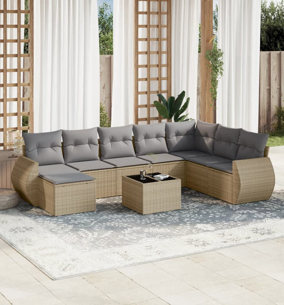 9-tlg. Garten-Sofagarnitur mit Kissen Beige Poly Rattan