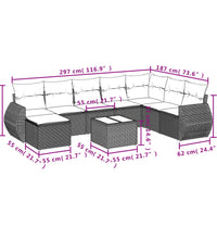 9-tlg. Garten-Sofagarnitur mit Kissen Grau Poly Rattan