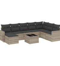 9-tlg. Garten-Sofagarnitur mit Kissen Hellgrau Poly Rattan