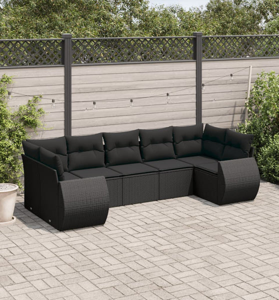 7-tlg. Garten-Sofagarnitur mit Kissen Schwarz Poly Rattan