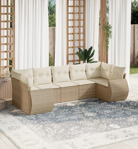 7-tlg. Garten-Sofagarnitur mit Kissen Beige Poly Rattan