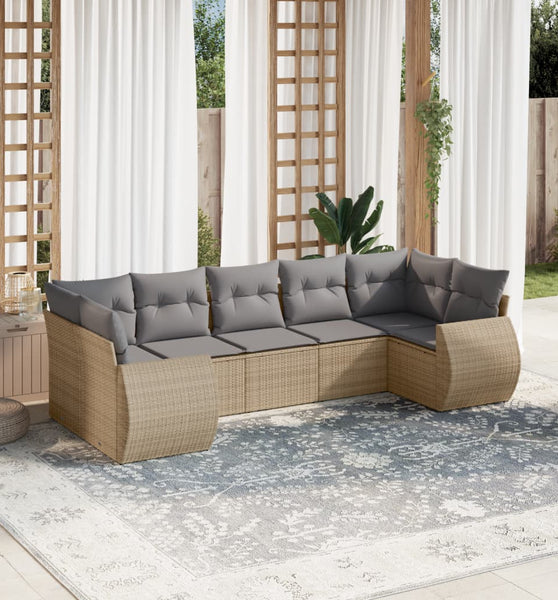 7-tlg. Garten-Sofagarnitur mit Kissen Beige Poly Rattan