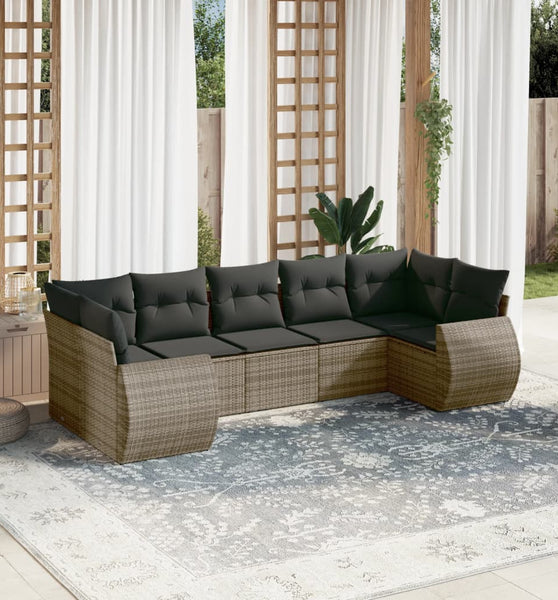 7-tlg. Garten-Sofagarnitur mit Kissen Grau Poly Rattan