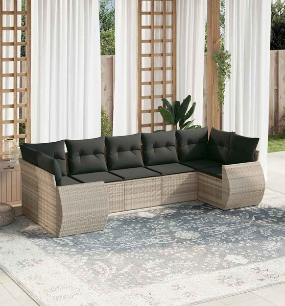 7-tlg. Garten-Sofagarnitur mit Kissen Hellgrau Poly Rattan