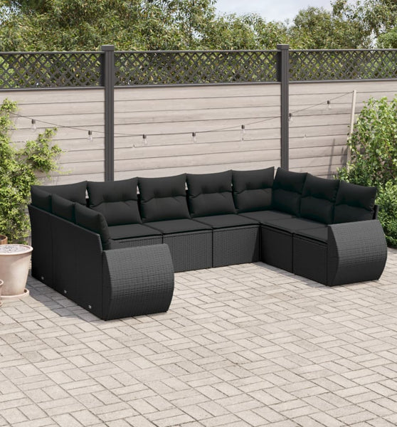 9-tlg. Garten-Sofagarnitur mit Kissen Schwarz Poly Rattan