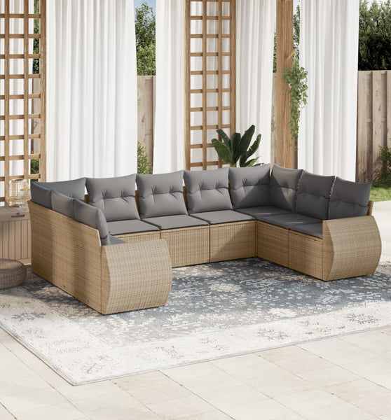 9-tlg. Garten-Sofagarnitur mit Kissen Beige Poly Rattan