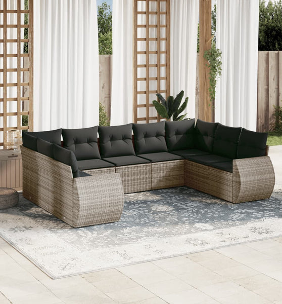 9-tlg. Garten-Sofagarnitur mit Kissen Grau Poly Rattan