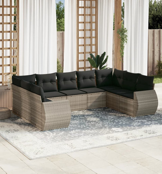 9-tlg. Garten-Sofagarnitur mit Kissen Hellgrau Poly Rattan