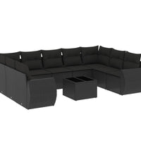 10-tlg. Garten-Sofagarnitur mit Kissen Schwarz Poly Rattan