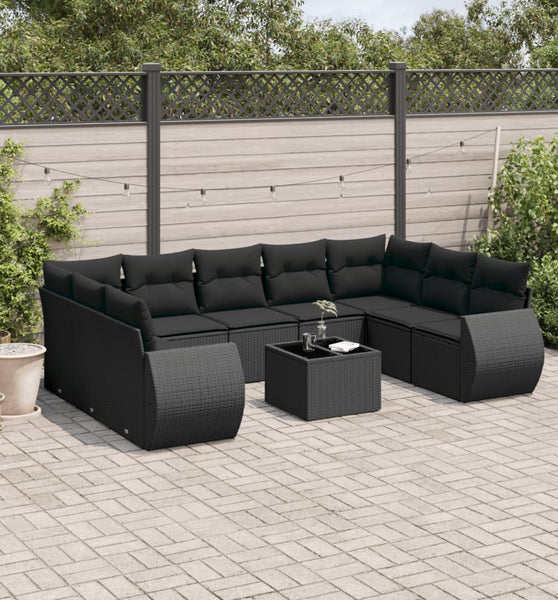 10-tlg. Garten-Sofagarnitur mit Kissen Schwarz Poly Rattan