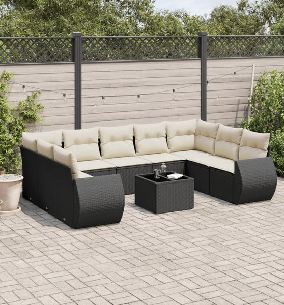 10-tlg. Garten-Sofagarnitur mit Kissen Schwarz Poly Rattan