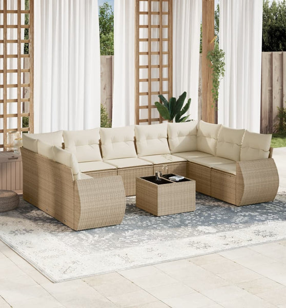 10-tlg. Garten-Sofagarnitur mit Kissen Beige Poly Rattan